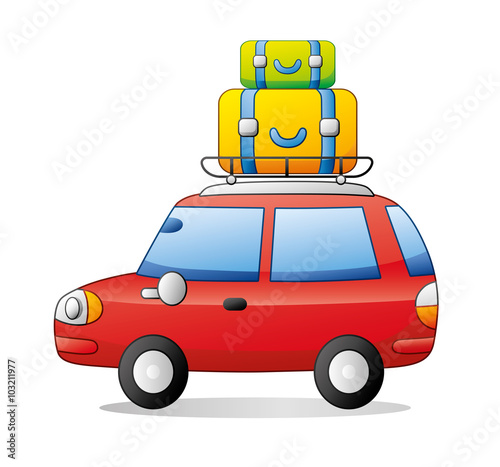 Red travel car with suitcases on a luggage rack.