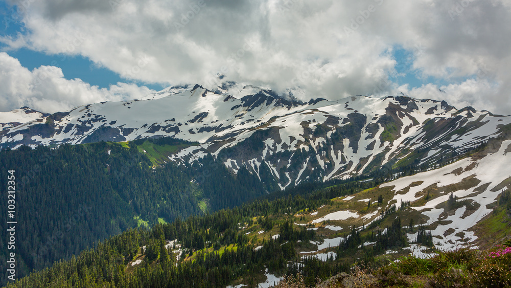Mountain peaks covered with snow, view from Skyline Divide Trail, North Cascades National Park, Mount Baker area