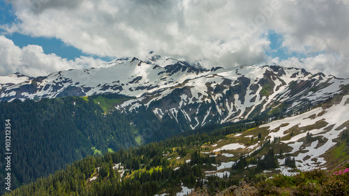 Mountain peaks covered with snow, view from Skyline Divide Trail, North Cascades National Park, Mount Baker area