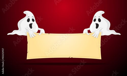 Two ghosts holding blank banner vector illustration