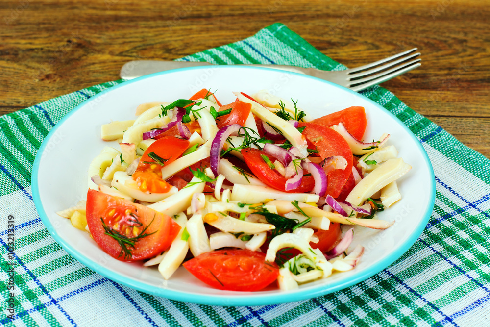 Salad with Squid, Tomato, Red Onion, Vegetable Oil Salad with Squid, Tomato, Red Onion, Vegetable Oil