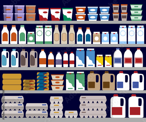 Supermarket shelves with dairy products. Vector background.