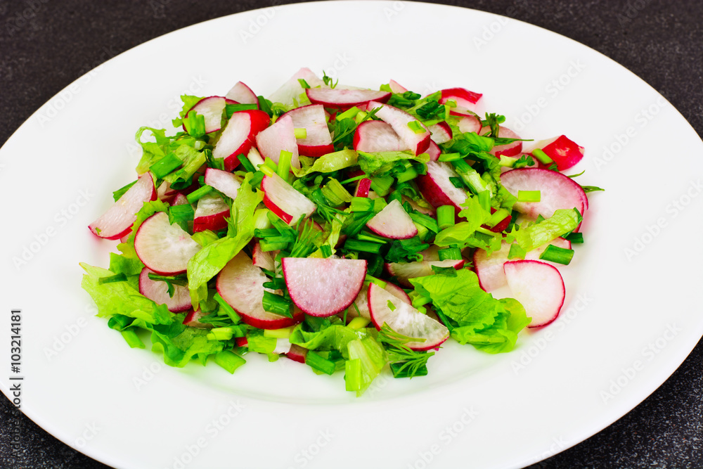 Dietary Salad from Fresh Juicy Radish, Green Onions, Lettuce Dietary Salad from Fresh Juicy Radish, Green Onions, Lettuce