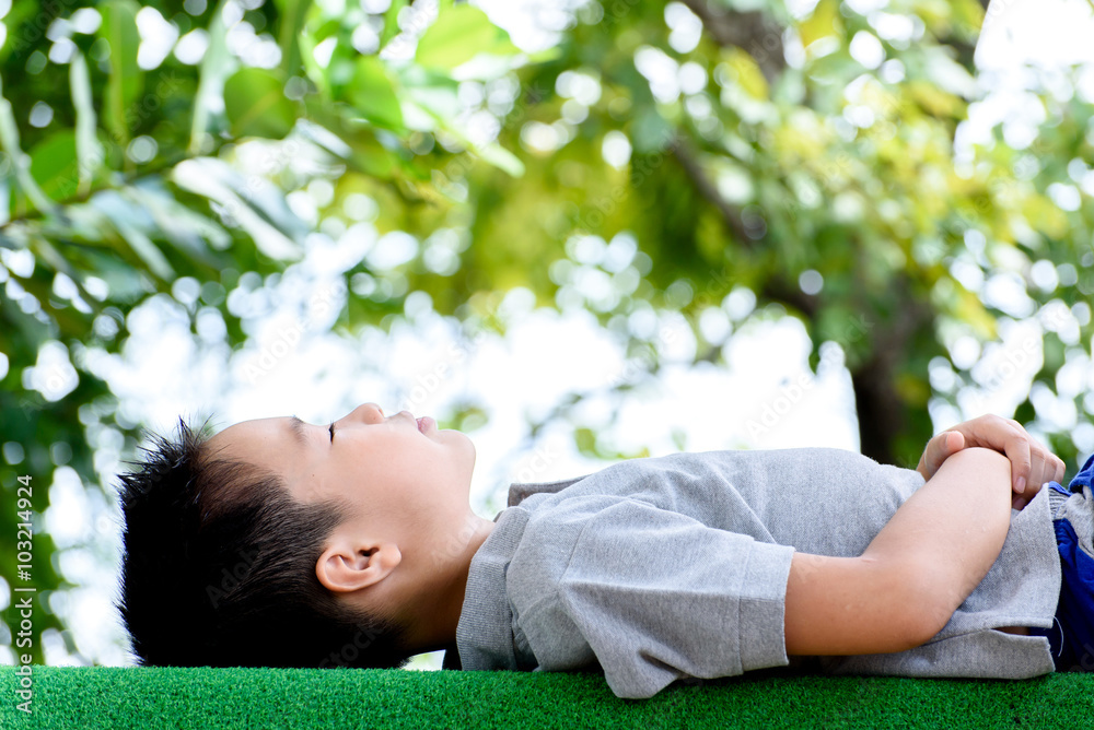 Boy lay on the green lawn Boy lay on the green lawn