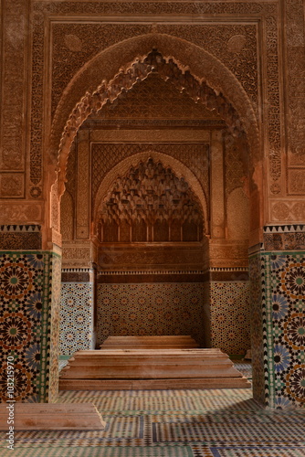 Saadiens tombs, Marrakech, Morocco, Africa. The ornate family tombs and cemetery of King Saadien.