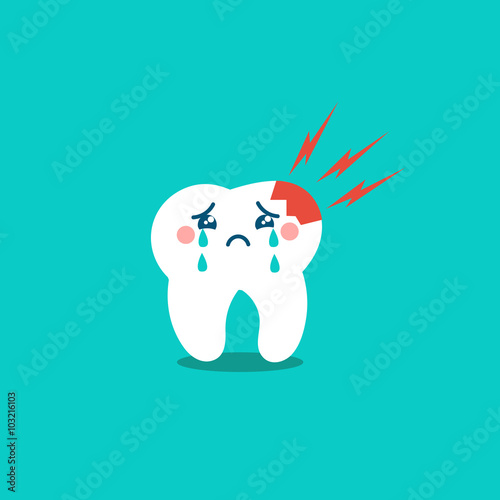 Vector cartoon sick tooth. Decay and destroy tooth. Cute tooth crying. 
