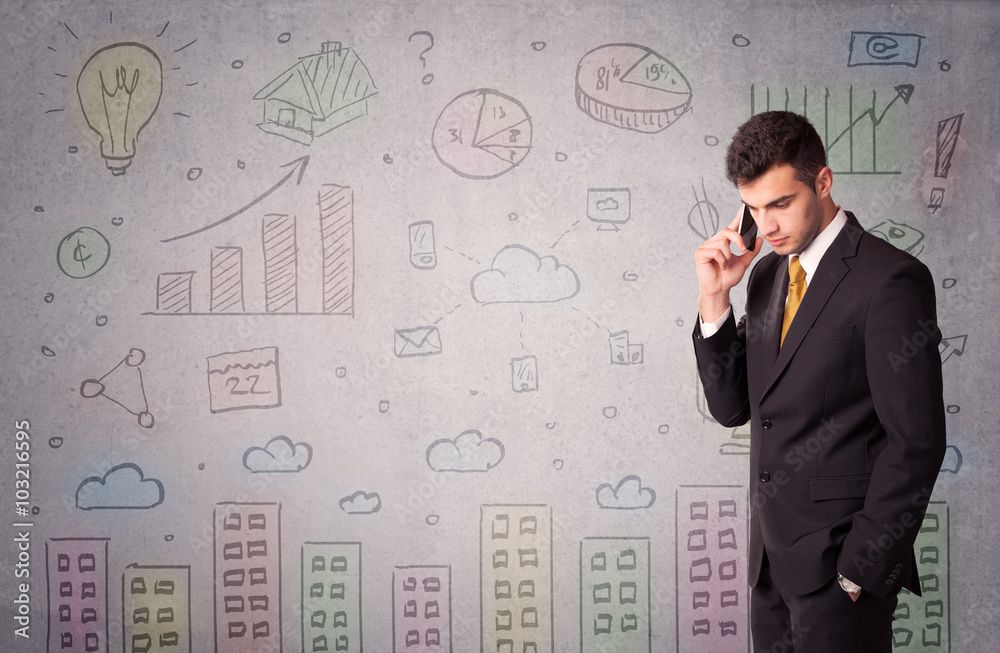 Colorful drawings on wall with businessman Colorful drawings on wall with businessman