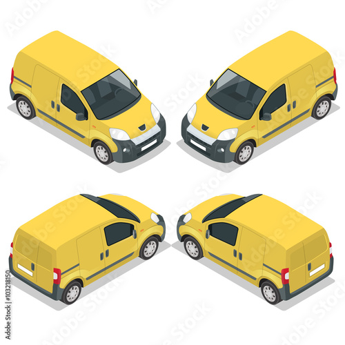 Set of icons small truck for transportation cargo. Van for the carriage of cargo. Delivery car. Vector flat 3d isometric illustration.