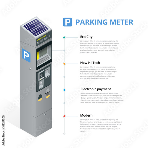 Parking meter allowing payment by mobile phone, credit cards, coins. Infographic isometric flat 3d illustration business elements, vector.
