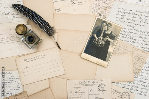 Vintage letters, postcards and antique feather pen
