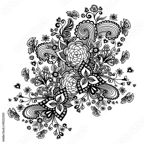 Zen-doodle background or  pattern   with flowers butterflies hearts black on white for   package or  for coloring page or relax coloring book