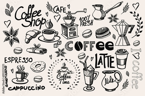 hand drawn coffee icons on background