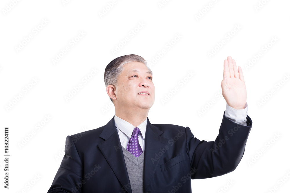pose and gesture of old Asian businessman in suit pose and gesture of old Asian businessman in suit