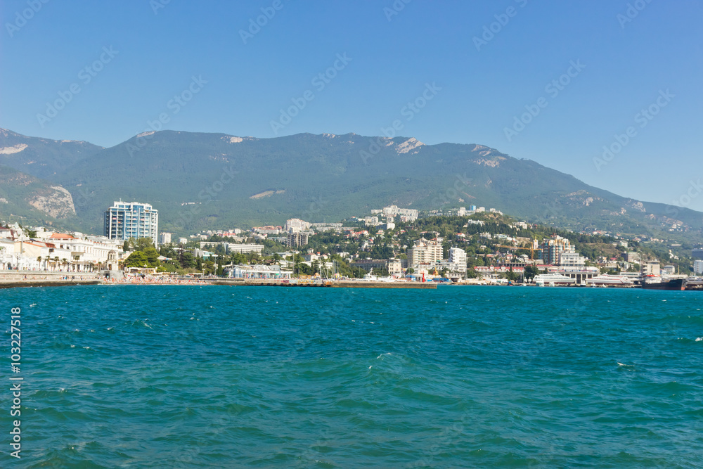 General view on the central promenade and sea port of Yalta, Crimea