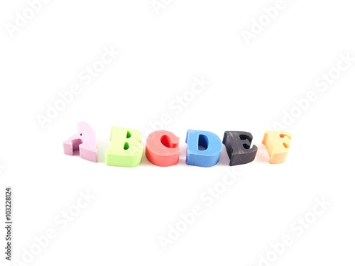 Colorful eraser, created beginning english letters, stationery, isolate on white background