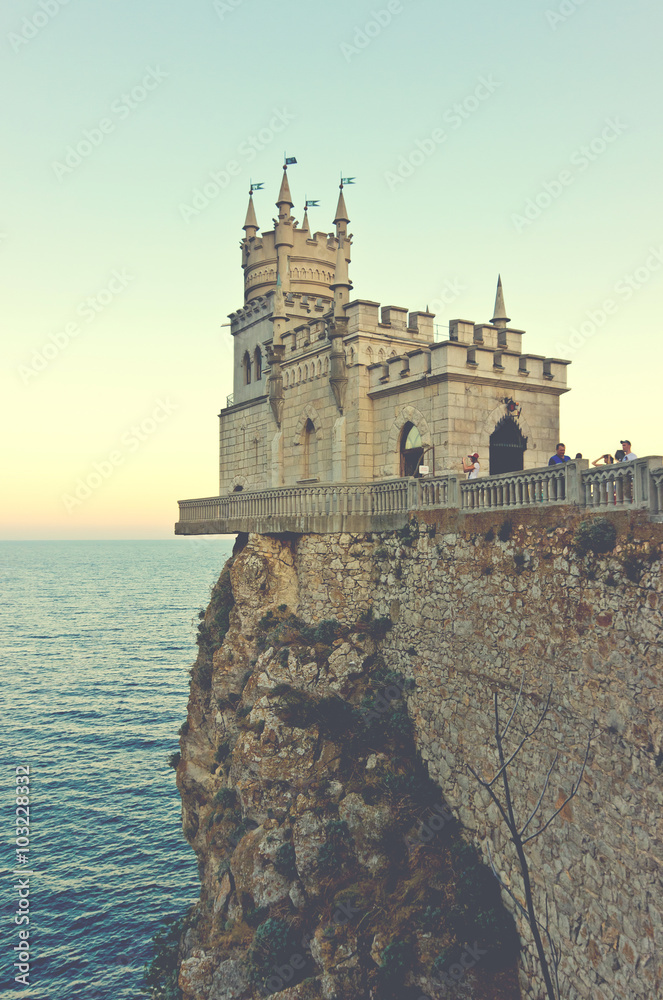 Scenic evening view of the well-known castle Swallow's Nest near Yalta. Crimea. Sunset