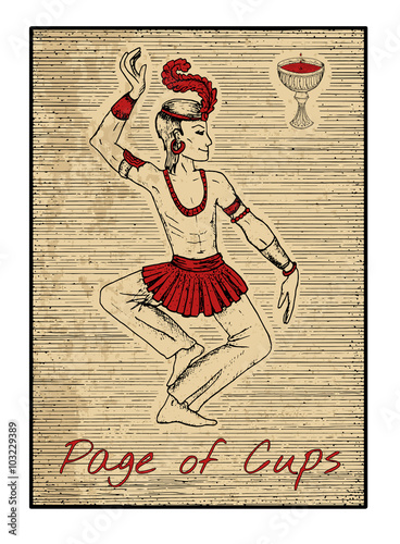 The tarot card in red. Page of cups