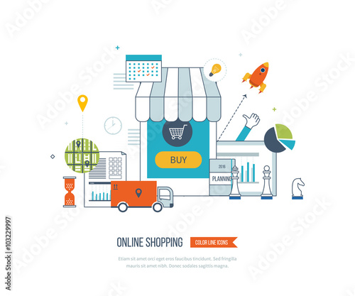 Mobile marketing concept. Online shopping. Shopping basket. Investment business. Delivery.