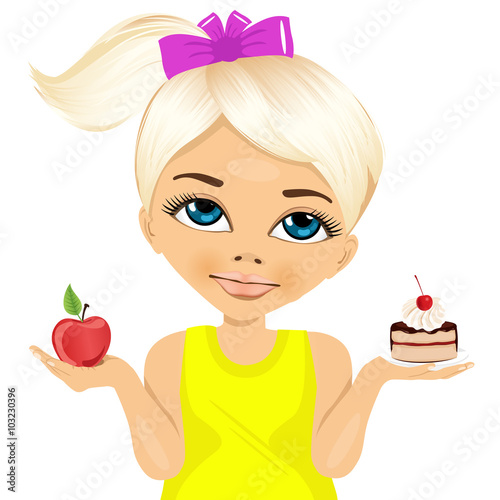 doubtful little girl holding an apple and dessert
