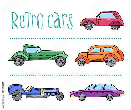 Vector retro cars hand drawn set. Funny vintage cars sketched by hand