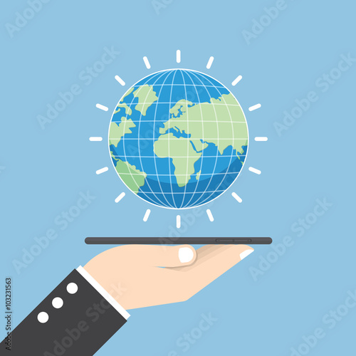Businessman hand holding tablet with globe