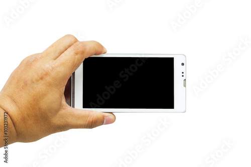 hand holding blank smart phone isolated on white background