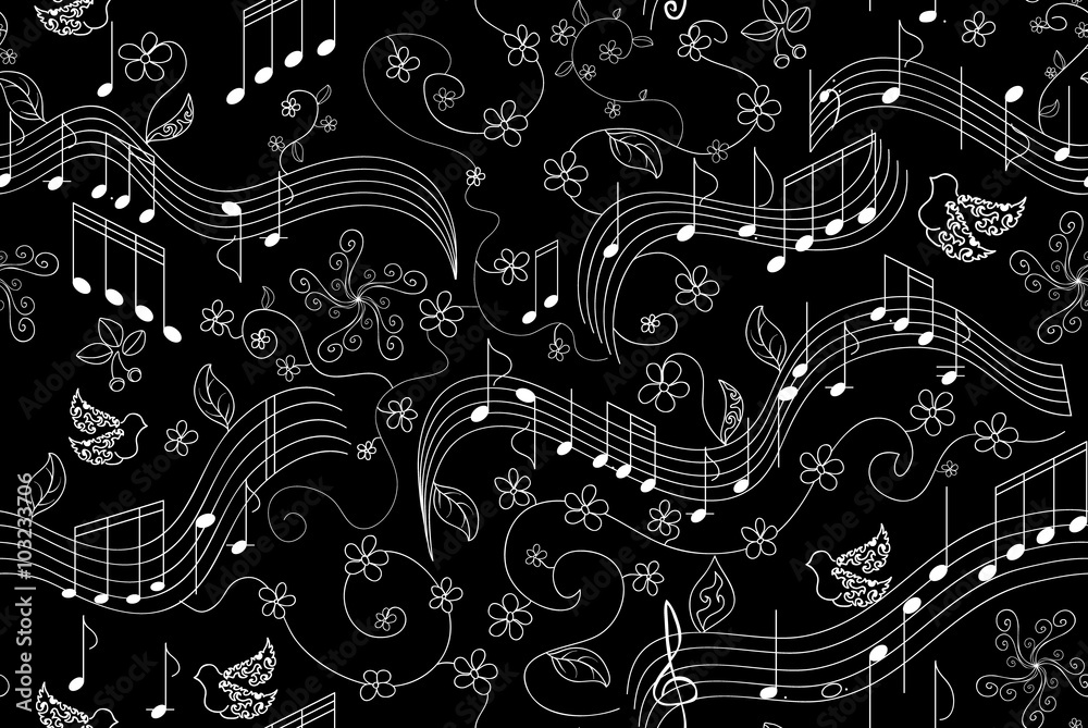 Beautiful vector seamless pattern with notes, birds and spring flowers Beautiful vector seamless pattern with notes, birds and spring flowers
