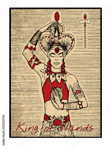 The tarot card in red. King of wands