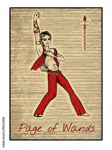 The tarot card in red. Page of wands