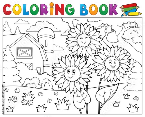 Fototapeta Naklejka Na Ścianę i Meble -  Coloring book sunflowers near farm