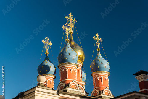 Moscow street Varvarka. Temple of St. George the Victorious on Pskovskaya Hill with bell tower 1658. Russia photo