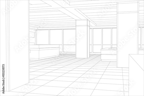 Interior office outlined. Tracing illustration of 3d