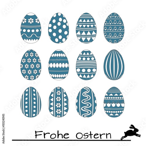 Set Ostereier - blau weiße Farbtöne - österliche Motive und Ornamente mit Ostergruß und süßem Hasen -