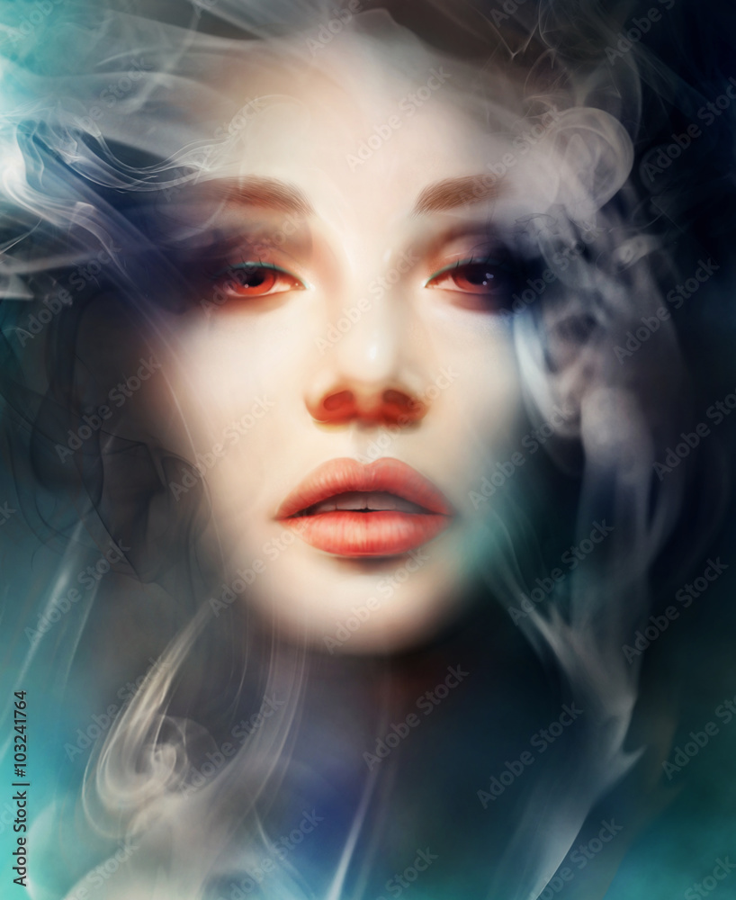 Fototapeta premium mysterious woman, smoke background. digital art