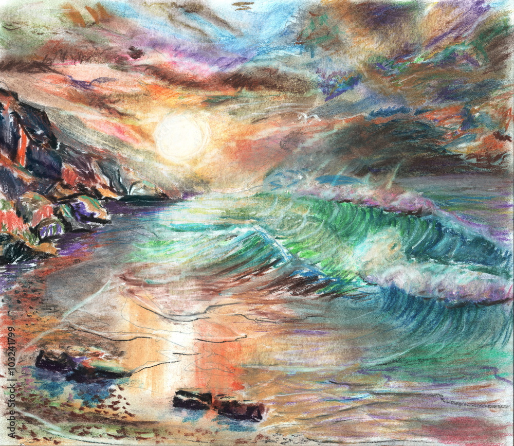 Hand drawn seascape with raging surf,cloudy sunset