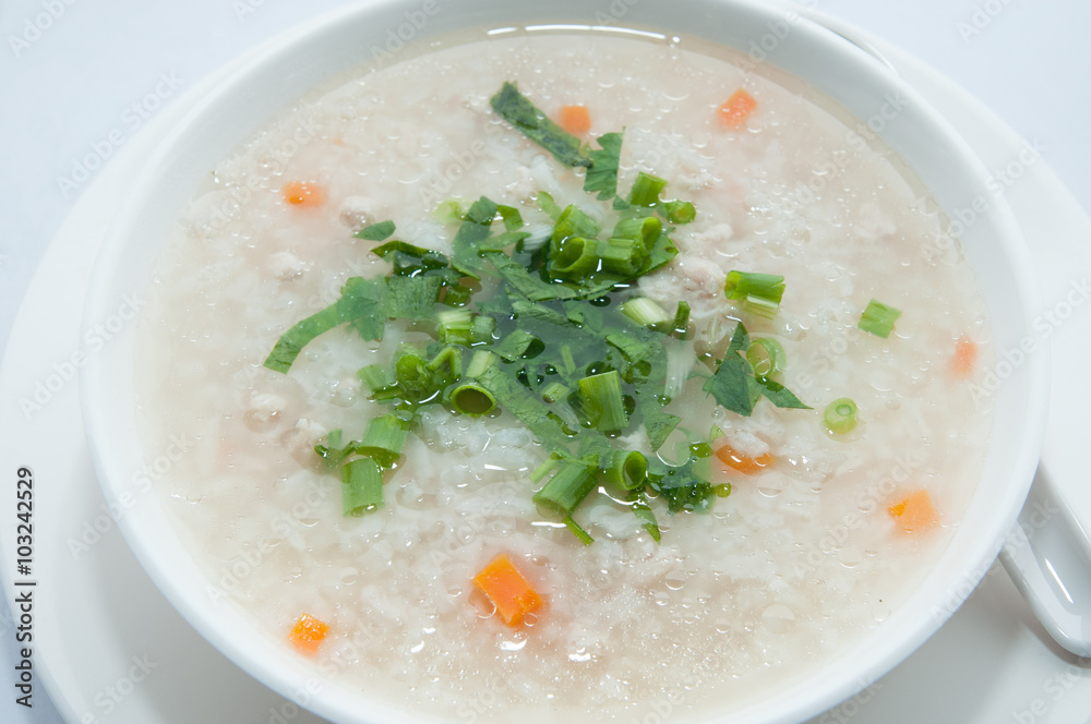 Boiled rice pork or mush for breakfast. Boiled rice pork or mush for breakfast.