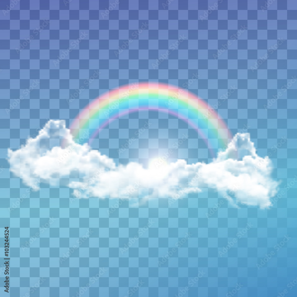 Bright arched rainbow with clouds realistic vector illustration on ...