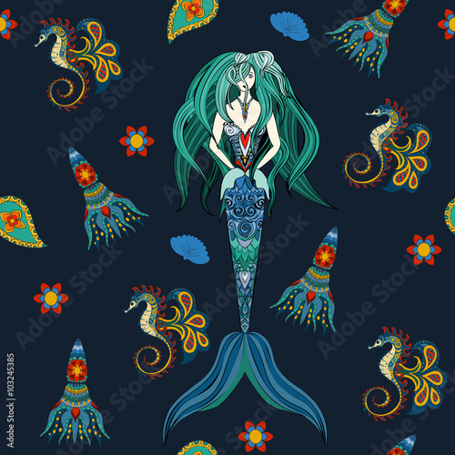 Hand drawn Ornamental Mermaid, sea-horse and calmar, seamless, Mermaid dark pattern, Girl with tall in tribal. Doodle Mermaid