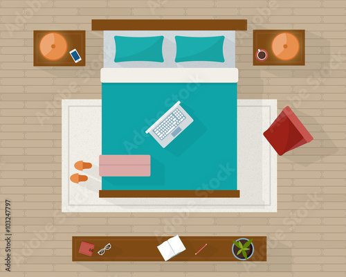 Bedroom with furniture overhead top view.