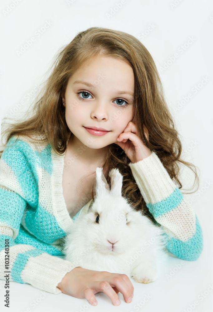 Happy little girl with rabbit Happy little girl with rabbit