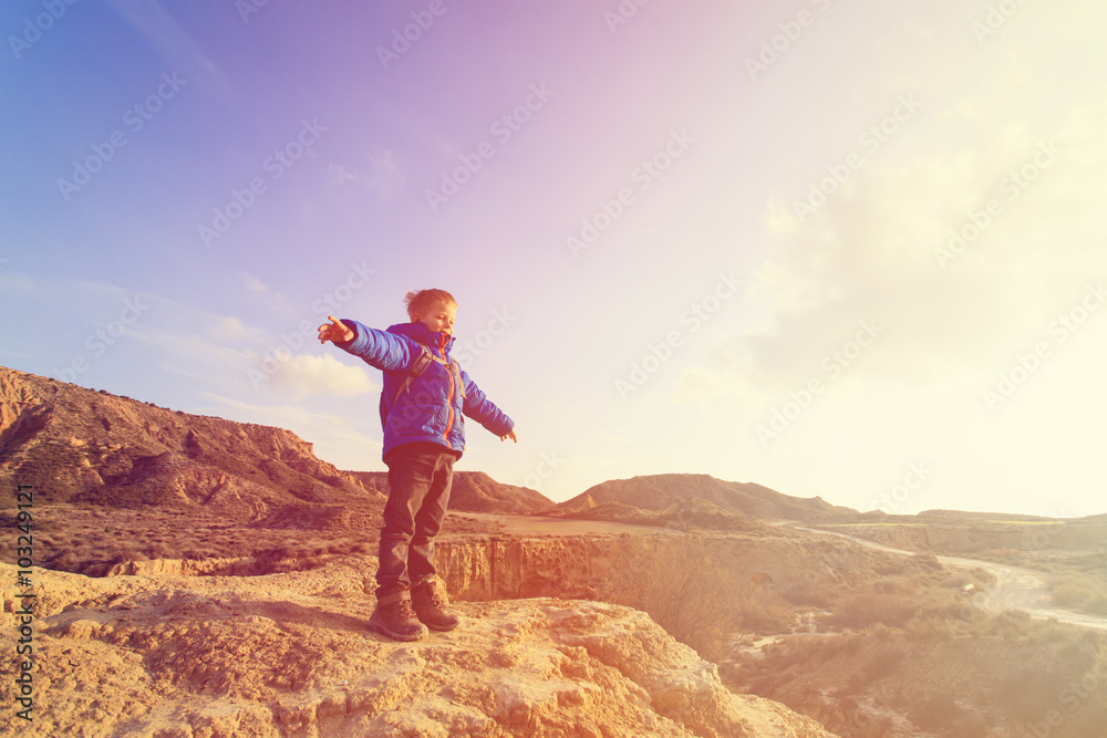 little boy with backpack travel in mountains