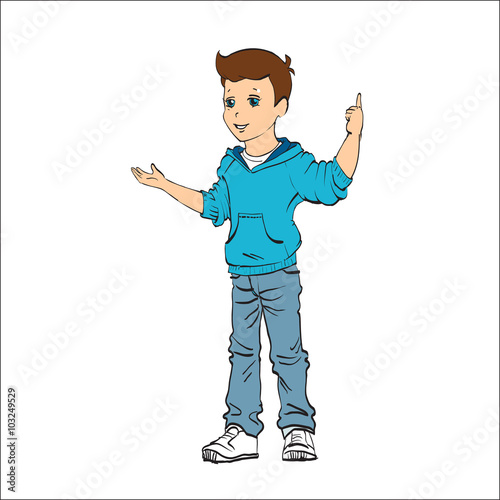 boy character in jeans and hoodie points finger isolated vector