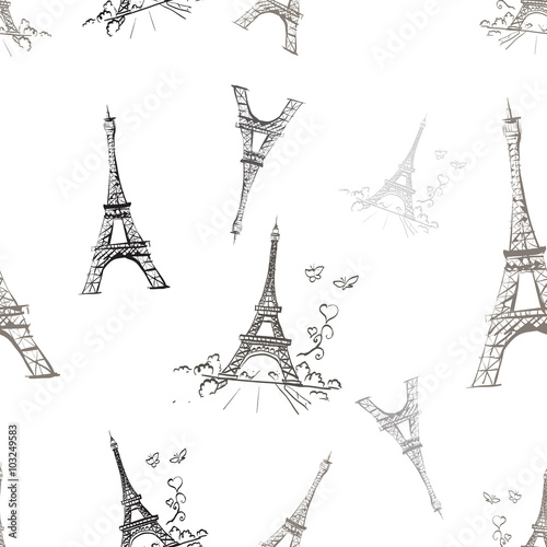 Fototapeta Naklejka Na Ścianę i Meble -  seamless texture tour Eiffel romantic vector illustration heart
