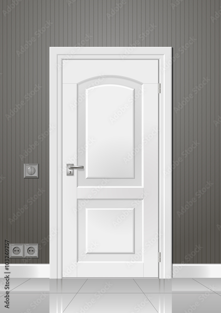 Door in the wall of the room with a frame and handle chrome Door in the wall of the room with a frame and handle chrome
