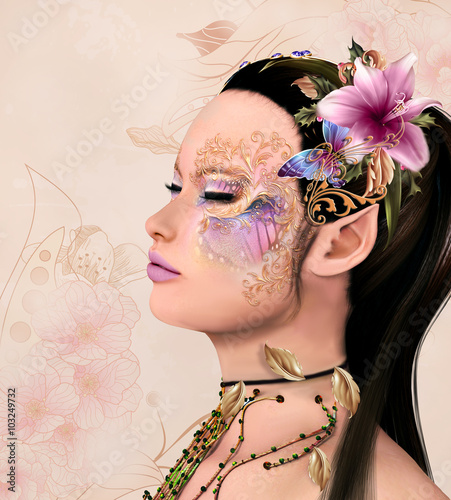 Beautiful fairy with fantasy make up - 3d and digital painted illustration