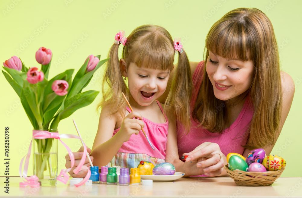 happy mother and kid daughter decorate Easter eggs happy mother and kid daughter decorate Easter eggs