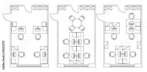 Standard furniture symbols used in architecture plans icons set, office planning icon set, graphic design elements. Small Office room - top view plans. Vector isolated.