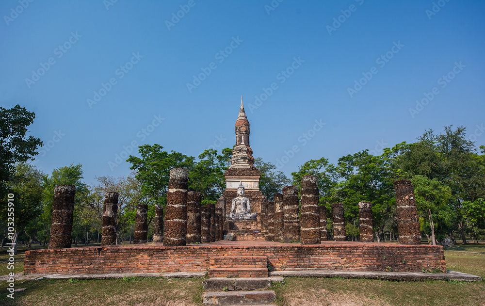 Ancient Buddha (Wat Sa Si ) at Sukhothai History park .