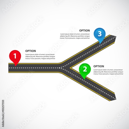 Diverging roads with arrows, bright map pointers and text fields - Vector infographics photo