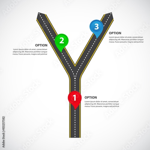 Diverging roads with arrows, bright map pointers and text fields - Vector infographics